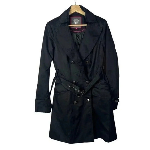 Vince Camuto Black Double Breasted Mid Length Belted Trench Coat M - Picture 1 of 6